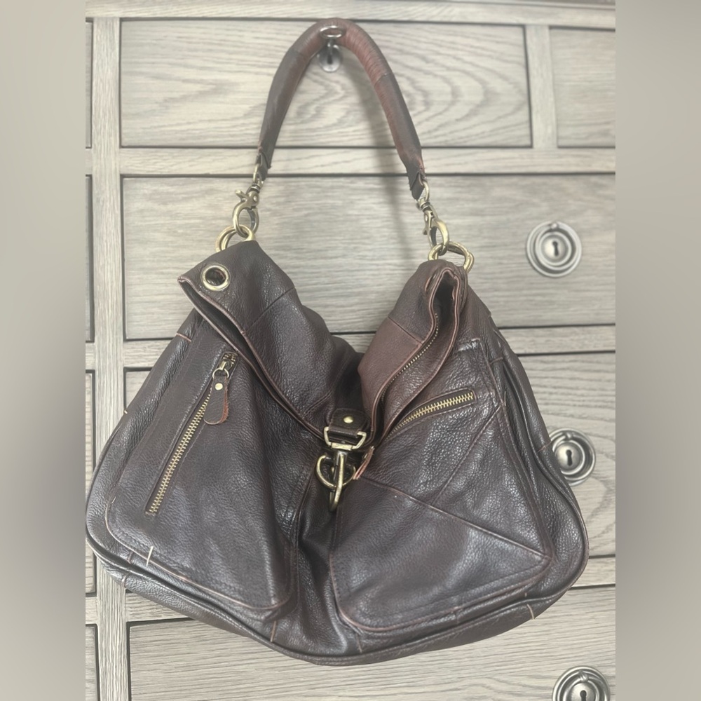 DeDe Dark Brown Leather Shoulder Bag with Brass Accents, Tons ofPockets, Zip Top